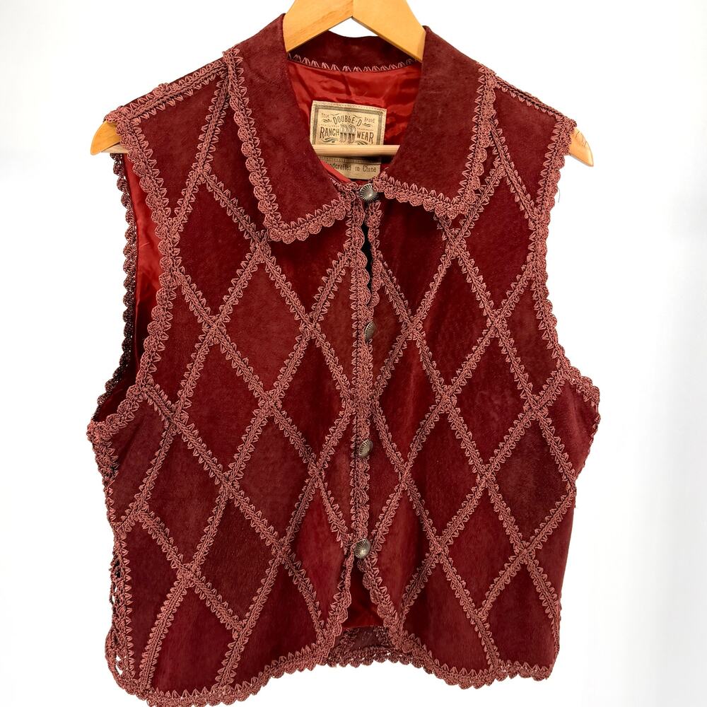 Vintage 90s Double D Ranchwear Maroon Genuine Suede Concho Button Vest - Picture 1 of 9